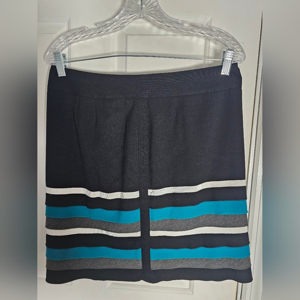 White House Black Market Pencil Skirt Black Teal Grey White Stripe Mini Size 6